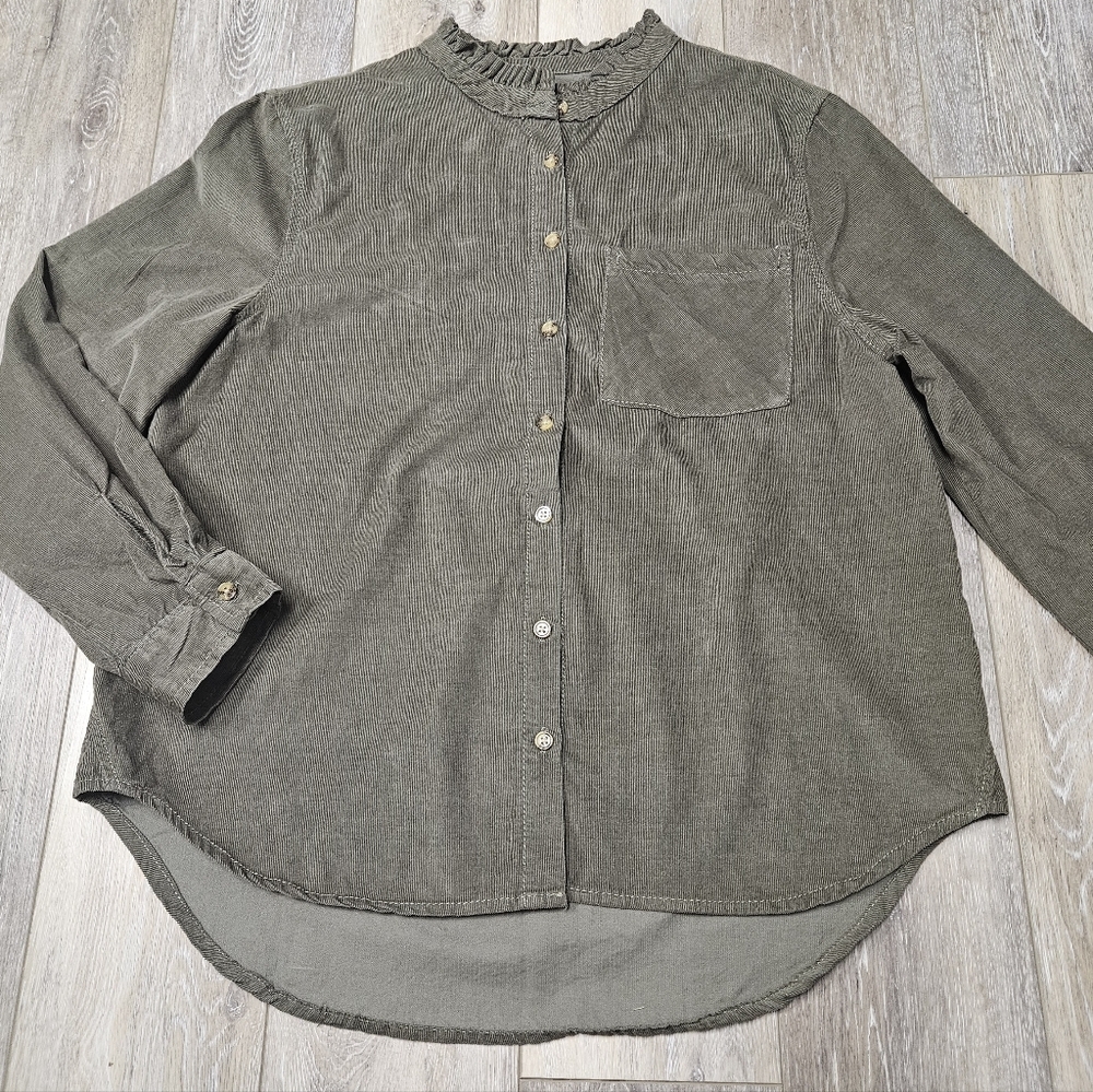 Angels Forever Young Green Micro Corduroy Button Down Blouse Women's Medium